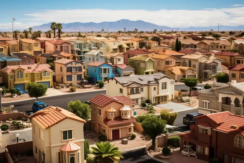 AI-generated image of residential single-family Las Vegas neighborhood with earth-toned Spanish-style two-story homes.